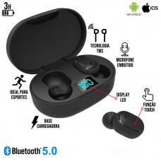 Fone de Ouvido Intra Auricular sem Fio Bluetooth 5.0 TWS Touch IPX4 com Base Carregadora e Microfone Earbuds E6S - Preto